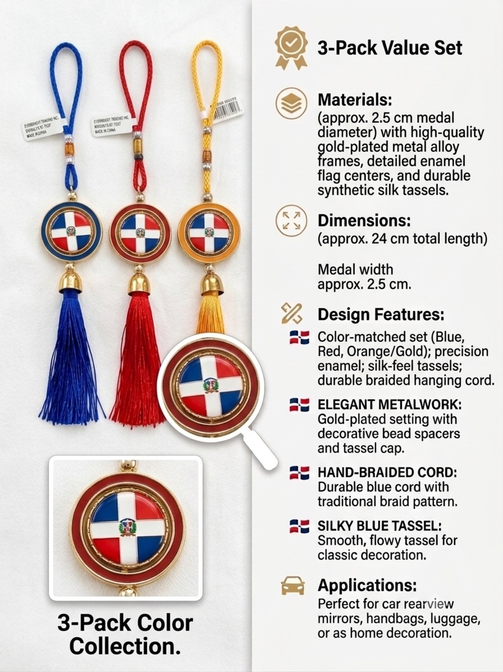 3 pack SOUVENIRS,CAR MIRROR HANGING DECORATION" Dominican Republic 🇩🇴